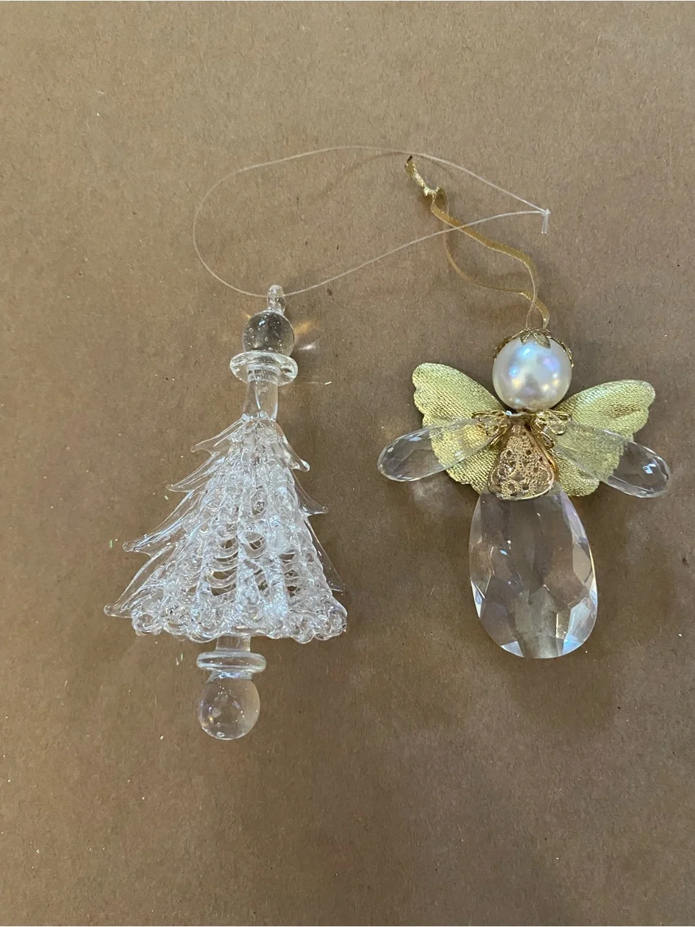 Vintage Clear Crystal Glass Tree and Angel Christmas Ornaments - 2, Gold / Pearl